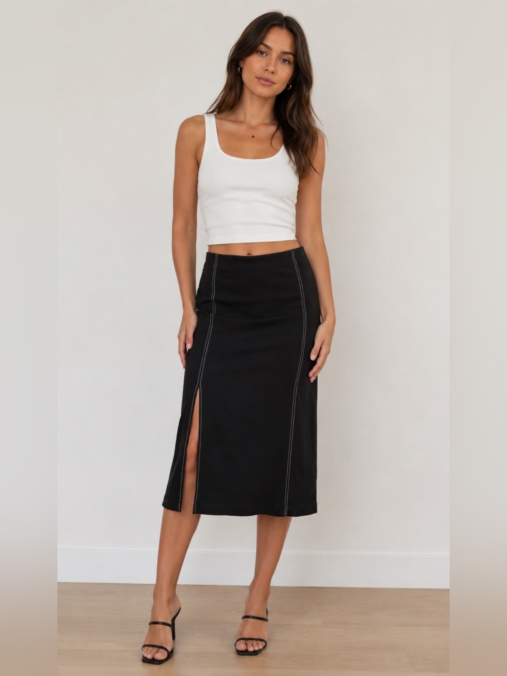 NIC+ZOE Black Midi Skirt with White Contrast Stitching with Slit SZ M